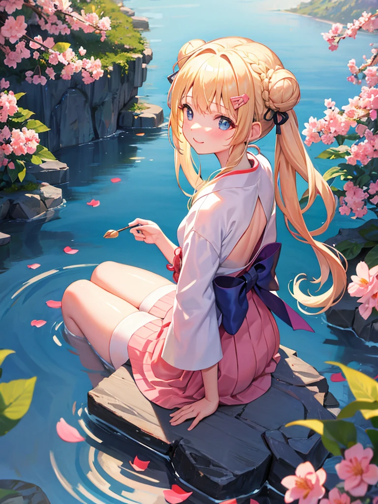 (masterpiece)++,(sweet illustration)+,detailed gradient eyes,outdoors, Peach blossom, scenery, reflection water surface, sunlight, 1girl, sitting, kimono, from back, looking at viewer, medium bob, blonde hair, (bun_head, twintails), shiny wavy hair, blue eyes, light smile, lens flare, petals, Japanies Hairpin, kanzashi, braided bangs, cute,little girl, 14-yo,petite, falling petals,ancient city,