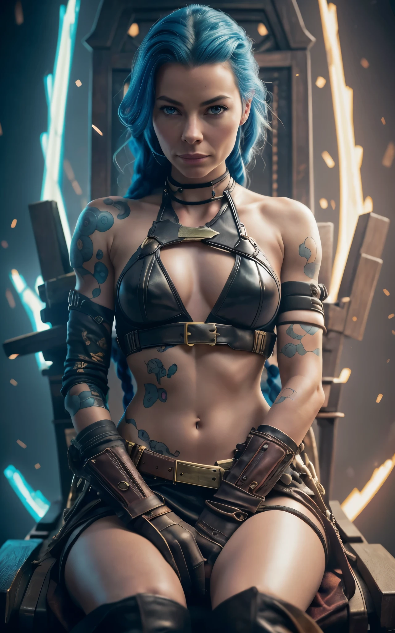 (Evangeline Lilly:Margot Robbie) is jinx from league of legends, sitting in a throne made of junk, pale skin, blue messy hair with long breads, boots, skinny body, small breasts, Full body, Beautiful anime waifu style girl,hyperdetailed painting, luminism, art by Carne Griffiths and Wadim Kashin concept art, dark background, abstract beauty, approaching perfection, pure form, golden ratio, minimalistic, dark atmosphere, unfinished, concept art, intricate details, 8k post production, high resolution, hyperdetailed, trending on artstation, sharp focus, studio photo, intricate details, highly detailed, steampunk 