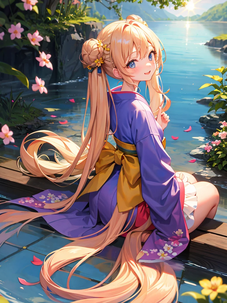 (masterpiece)++,(sweet illustration)+,detailed gradient eyes,outdoors, Peach blossom, scenery, reflection water surface, sunlight, 1girl, sitting, kimono, from back, looking at viewer, medium bob, blonde hair, (bun_head, twintails), shiny wavy hair, blue eyes, light smile, lens flare, petals, Japanies Hairpin, kanzashi, braided bangs, cute,little girl, 14-yo,petite, falling petals,ancient city,