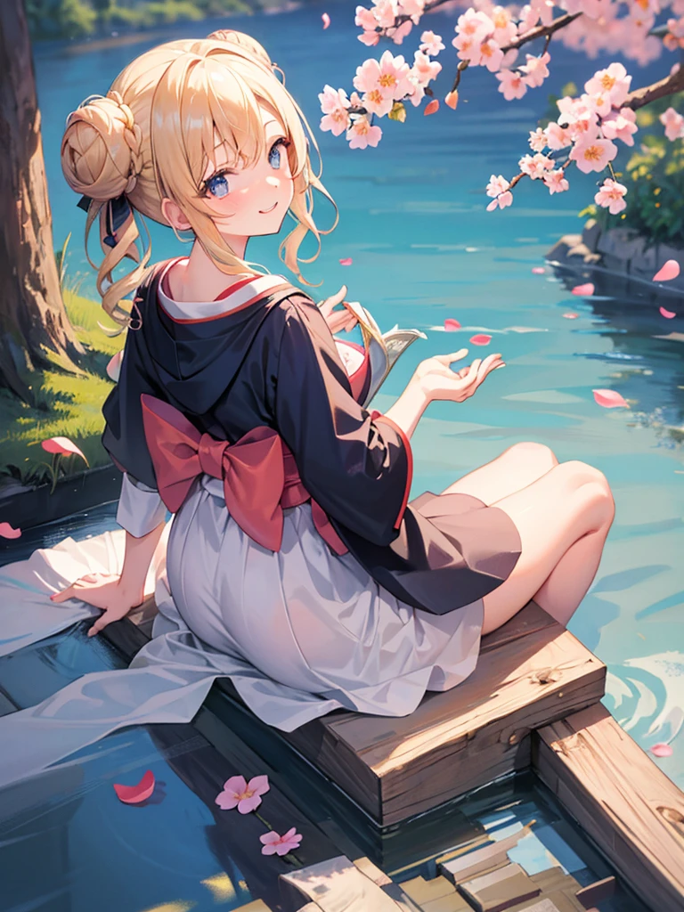 (masterpiece)++,(sweet illustration)+,detailed gradient eyes,outdoors, Peach blossom, scenery, reflection water surface, sunlight, 1girl, sitting, kimono, from back, looking at viewer, medium bob, blonde hair, (bun_head, twintails), shiny wavy hair, blue eyes, light smile, lens flare, petals, Japanies Hairpin, kanzashi, braided bangs, cute,little girl, 14-yo,petite, falling petals,ancient city,