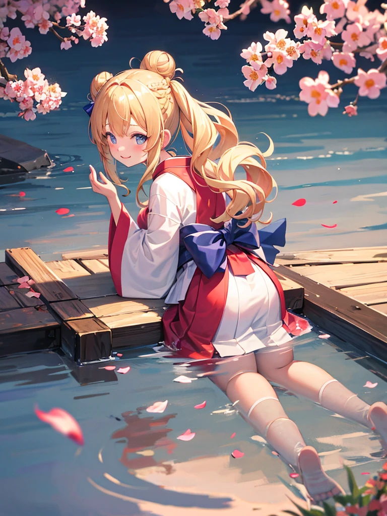 (masterpiece)++,(sweet illustration)+,detailed gradient eyes,outdoors, Peach blossom, scenery, reflection water surface, sunlight, 1girl, sitting, kimono, from back, looking at viewer, medium bob, blonde hair, (bun_head, twintails), shiny wavy hair, blue eyes, light smile, lens flare, petals, Japanies Hairpin, kanzashi, braided bangs, cute, girl, 14-yo,tit falling petals,ancient city,