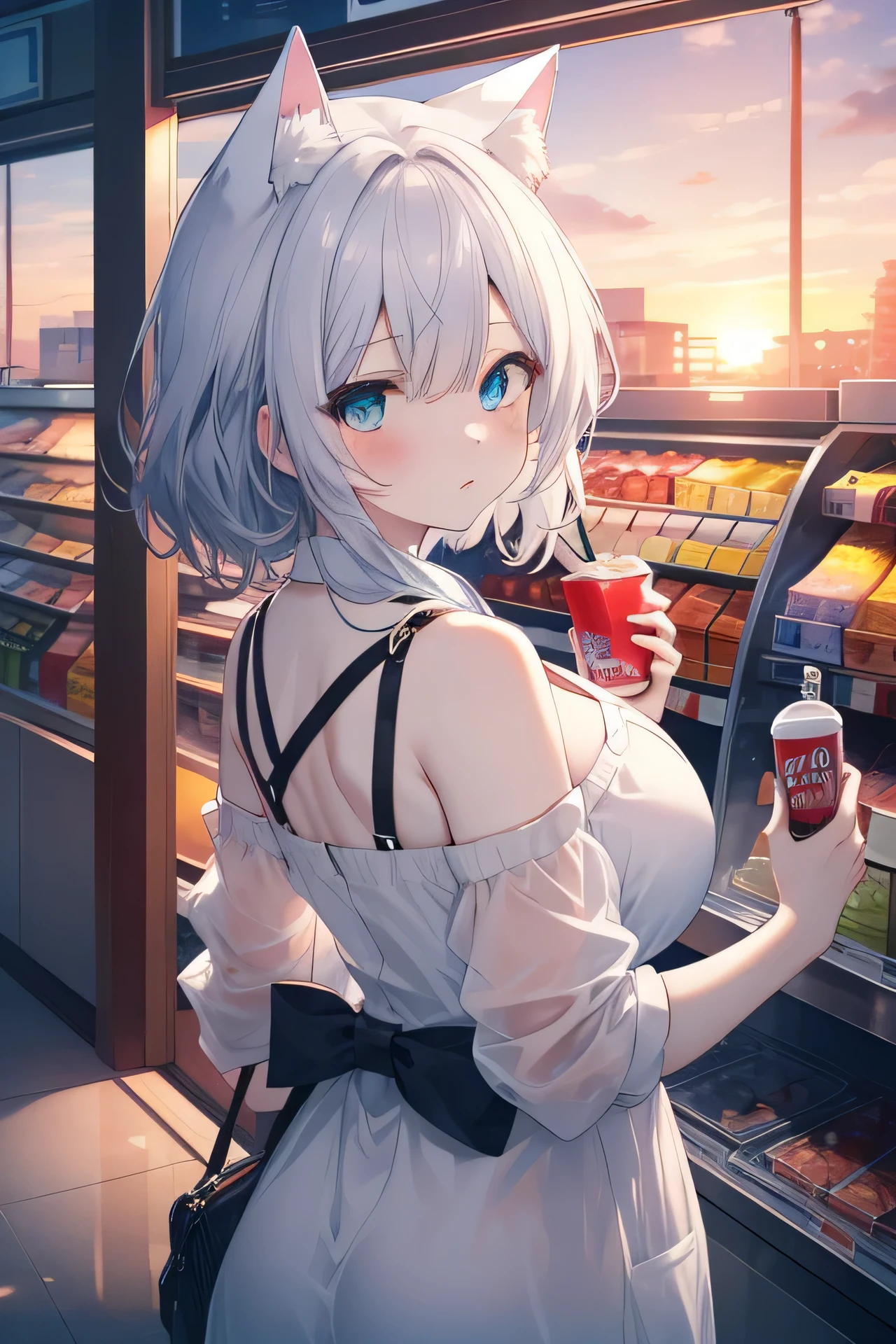 Anime woman beige hair light blue eyes eating ice cream