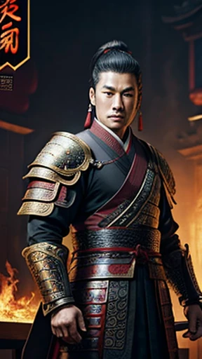 oriental、Man wearing ancient Chinese leather armor、ancient chinese hairstyle man、three kingdom、multiple warlords、highest quality、masterpiece、ultra high resolution、(Photoreal:1.4)、game poster、fire、