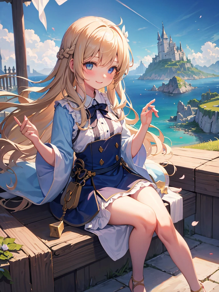 (masterpiece)++,(sweet illustration)+,detailed gradient eyes,outdoors, ((castle in the sky)), scenery, (((above the sky))), above the clouds, sunlight, 1girl, sitting, Light Blue tabard, from back, looking at viewer, medium bob, blonde hair, shiny wavy hair, blue eyes, light smile, long hair, petals, kanzashi, braided bangs, cute,little girl, 14-yo, petite, temple, falling petals, ancient city, (((islands floating in the sky))), Laputa,