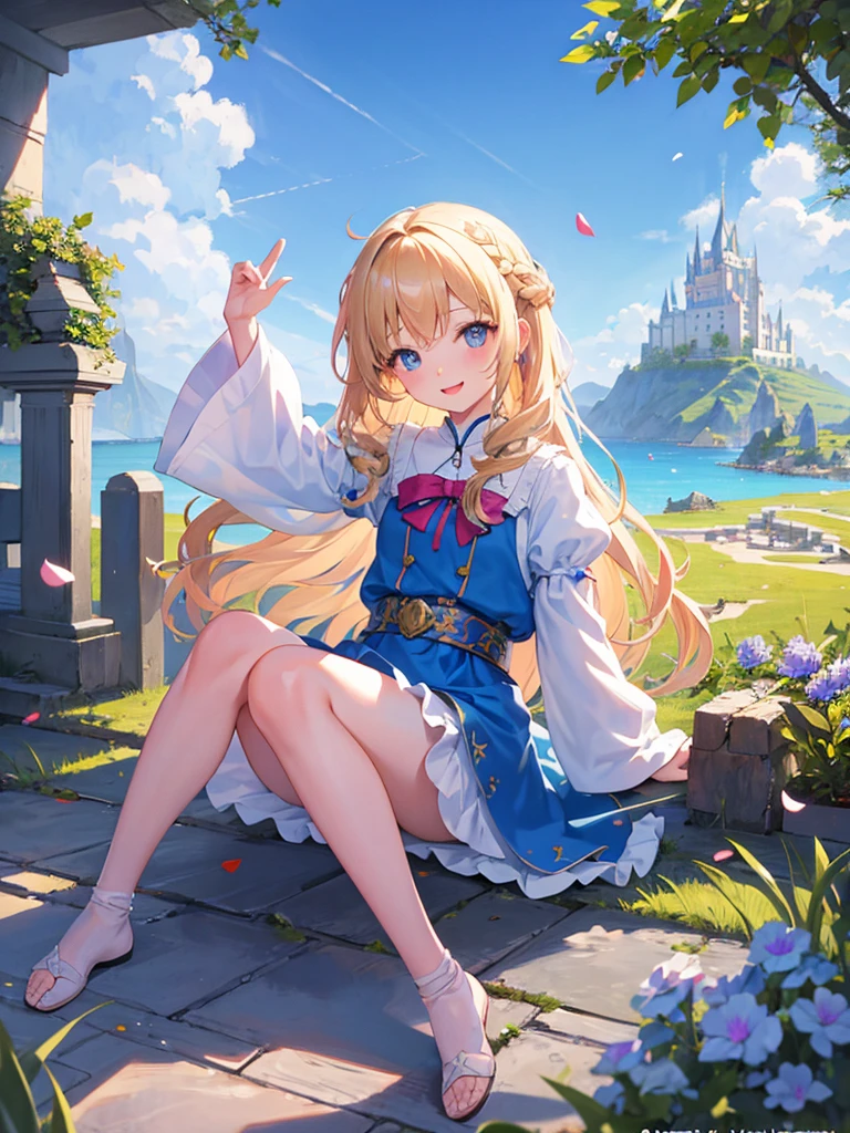 (masterpiece)++,(sweet illustration)+,detailed gradient eyes,outdoors, ((castle in the sky)), scenery, (((above the sky))), above the clouds, sunlight, 1girl, sitting, Light Blue tabard, from back, looking at viewer, medium bob, blonde hair, shiny wavy hair, blue eyes, light smile, long hair, petals, kanzashi, braided bangs, cute,little girl, 14-yo, petite, temple, falling petals, ancient city, (((islands floating in the sky))), Laputa,