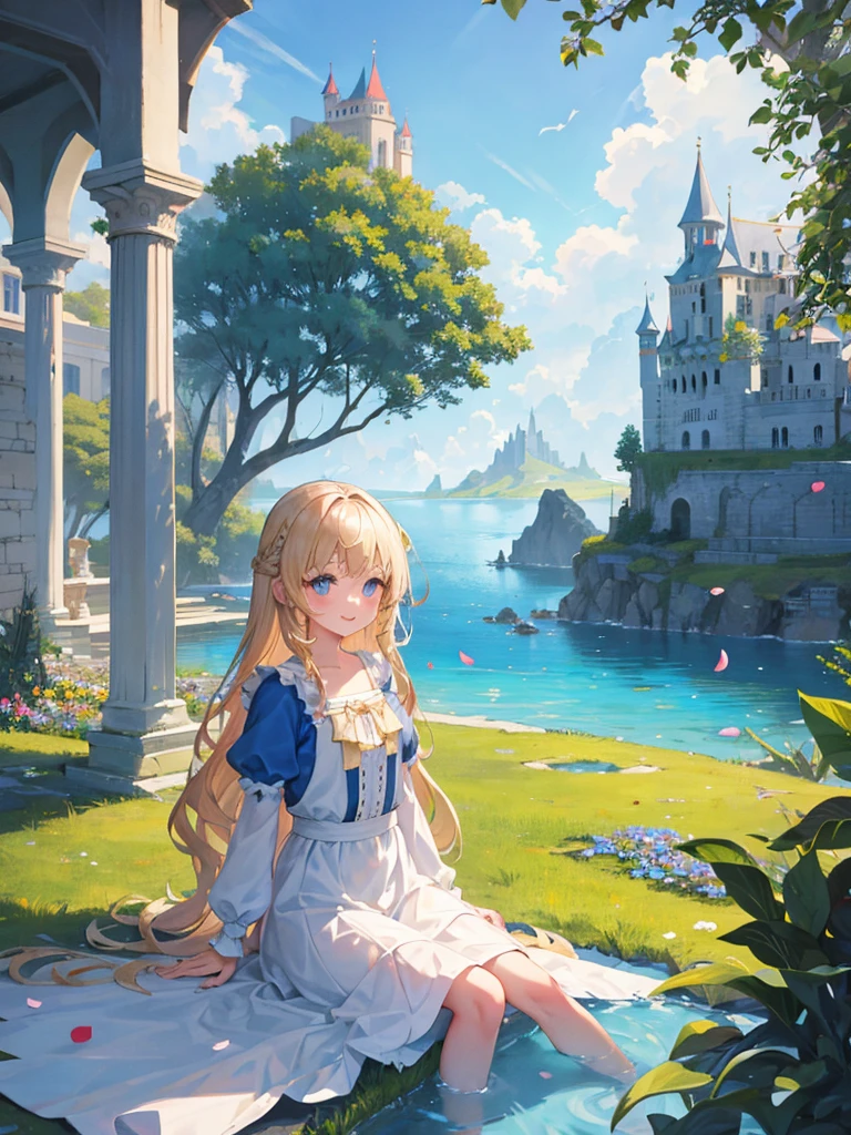 (masterpiece)++,(sweet illustration)+,detailed gradient eyes,outdoors, ((castle in the sky)), scenery, (((above the sky))), above the clouds, sunlight, 1girl, sitting, Light Blue tabard, from back, looking at viewer, medium bob, blonde hair, shiny wavy hair, blue eyes, light smile, long hair, petals, kanzashi, braided bangs, cute,little girl, 14-yo, petite, temple, falling petals, ancient city, (((islands floating in the sky))), Laputa,