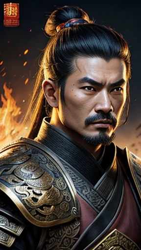 oriental、Man wearing ancient Chinese leather armor、ancient chinese hairstyle man、three kingdom、multiple warlords、highest quality、masterpiece、ultra high resolution、(Photoreal:1.4)、game poster、fire、