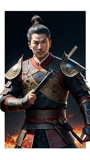 oriental、Man wearing ancient Chinese leather armor、ancient chinese hairstyle man、three kingdom、multiple warlords、highest quality、masterpiece、ultra high resolution、(Photoreal:1.4)、game poster、fire、