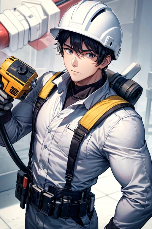 a handsome guy、Carpenter Man、wearing a white helmet、long sleeve、giant electric drill、Holding a large power drill in both hands、High resolution、In 8K、sharp focus、zoom、with the best image quality