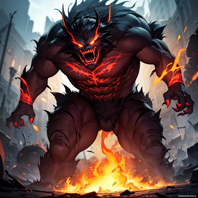 muscular creature,monstrous creature,incredible beast,powerful being,fierce beast,extremely detailed body,sharp claws,glowing eyes,fearsome teeth,dark and intimidating figure,heavy breath,dynamic pose,ominous atmosphere,dark background,fire lit cave,thick and scaly skin,shadowy silhouette,exquisite details,life-like textures,dramatic lighting,hyper-realistic rendering,vivid colors,fiery red and orange hues,threatening presence,monstrous strength,stunning masterpiece:1.2