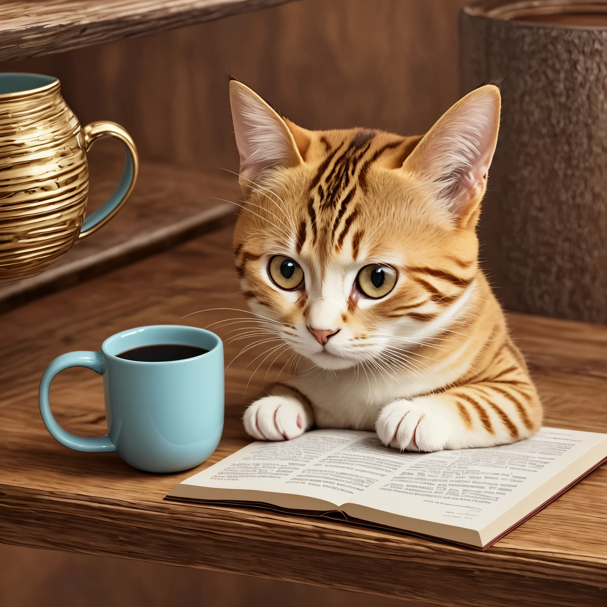 Kitten sticking head and left hand out of mug, mug yellow, kitten Siamese cat, on wooden table, photo Realistic stick style, --auto --s2