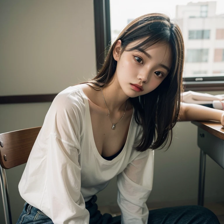 1 girl, downblouse, 15 years old, munechira, small breasts,  small tits, sitting in a chair, looking away,  Expressionless,  shirt ,plus decolated detailed bra within  , view from side, Upper body, classroom, necklace ,leaning forward 