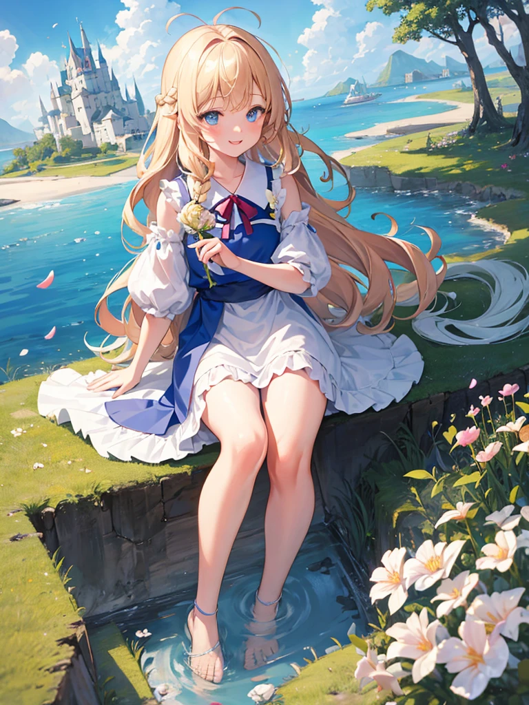 (masterpiece)++,(sweet illustration)+,detailed gradient eyes,outdoors, ((castle in the sky)), scenery, (((above the sky))), above the clouds, sunlight, 1girl, sitting, Light Blue tabard, from back, looking at viewer, medium bob, blonde hair, shiny wavy hair, blue eyes, light smile, long hair, petals, kanzashi, braided bangs, cute,little girl, 14-yo, petite, temple, falling petals, ancient city, (((islands floating in the sky))), Laputa,