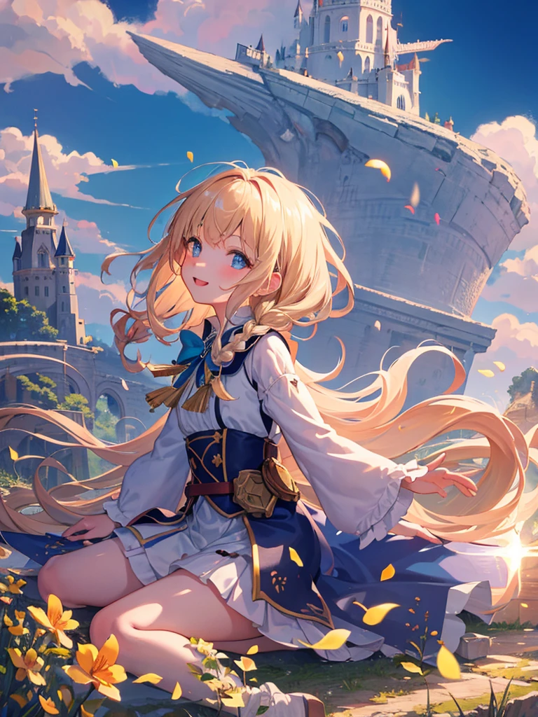(masterpiece)++,(sweet illustration)+,detailed gradient eyes,outdoors, ((castle in the sky)), scenery, (((above the sky))), above the clouds, sunlight, 1girl, sitting, Light Blue tabard, from back, looking at viewer, medium bob, blonde hair, shiny wavy hair, blue eyes, light smile, long hair, petals, kanzashi, braided bangs, cute, girl, 14-yo,eti, temple, falling petals, ancient city, (((islands floating in the sky))), Laputa,