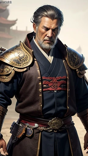 oriental、Old man wearing ancient Chinese leather armor、old man with ancient chinese hairstyle、three kingdom、multiple warlords、highest quality、masterpiece、ultra high resolution、(Photoreal:1.4)、game poster、fire、