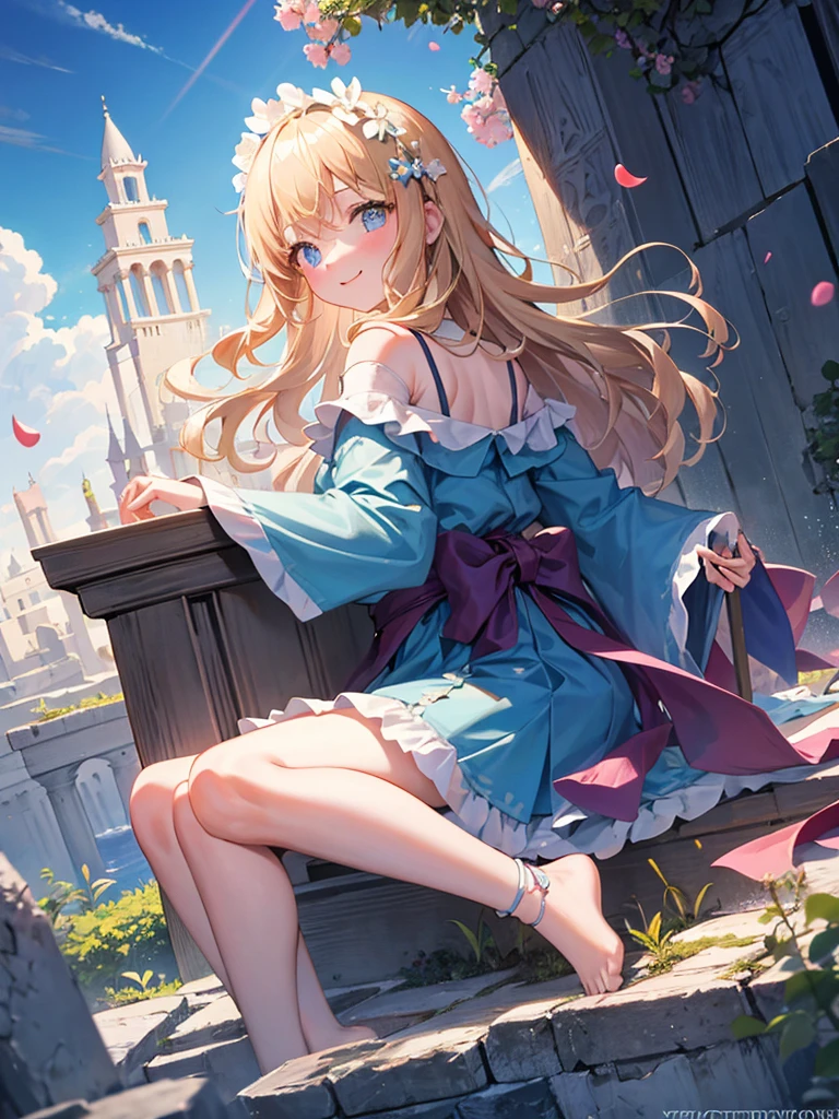 (masterpiece)++,(sweet illustration)+,detailed gradient eyes,outdoors, ((castle in the sky)), scenery, (((above the sky))), above the clouds, sunlight, 1girl, sitting, Light Blue tabard, from back, looking at viewer, medium bob, blonde hair, shiny wavy hair, blue eyes, light smile, lens flare, petals, kanzashi, braided bangs, cute,little girl, 14-yo, petite, temple of athene, falling petals, ancient city, (((islands floating in the sky))), Laputa,