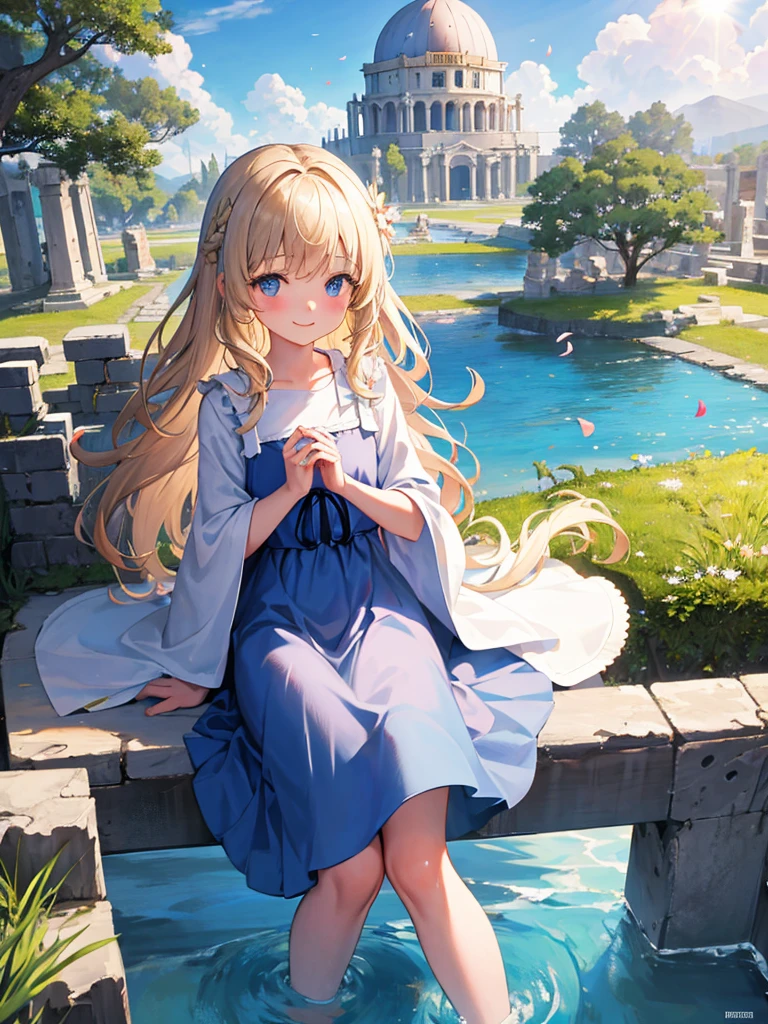 (masterpiece)++,(sweet illustration)+,detailed gradient eyes,outdoors, ((castle in the sky)), scenery, (((above the sky))), above the clouds, sunlight, 1girl, sitting, Light Blue tabard, from back, looking at viewer, medium bob, blonde hair, shiny wavy hair, blue eyes, light smile, lens flare, petals, kanzashi, braided bangs, cute,little girl, 14-yo, petite, temple of athene, falling petals, ancient city, (((islands floating in the sky))), Laputa,