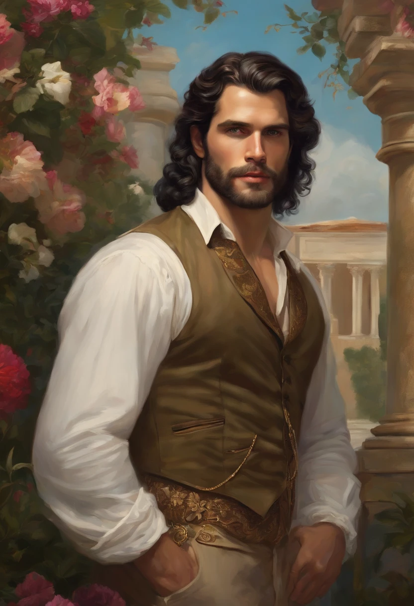 Painting of a ((exuberant gypsy man)), well-groomed beard, vest, shirt, pants and Victorian era jewelry, gold earrings)), wavy black hair hanging over the shoulders, ((blue eyes)), delicate and sexy mouth , masculine and strong full body, ((Henry Cavill style)), in a garden with flowers and Greek columns