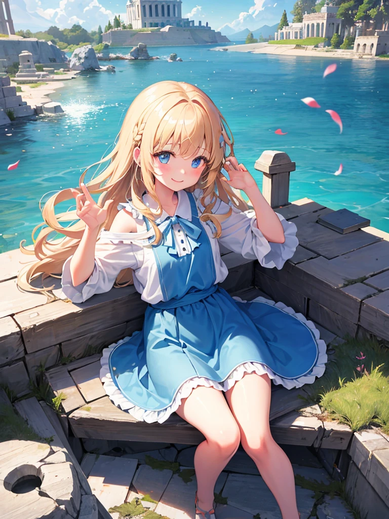 (masterpiece)++,(sweet illustration)+,detailed gradient eyes,outdoors, ((castle in the sky)), scenery, (((above the sky))), above the clouds, sunlight, 1girl, sitting, Light Blue tabard, from back, looking at viewer, medium bob, blonde hair, shiny wavy hair, blue eyes, light smile, lens flare, petals, kanzashi, braided bangs, cute,little girl, 14-yo, petite, temple of athene, falling petals, ancient city, (((islands floating in the sky))), Laputa,