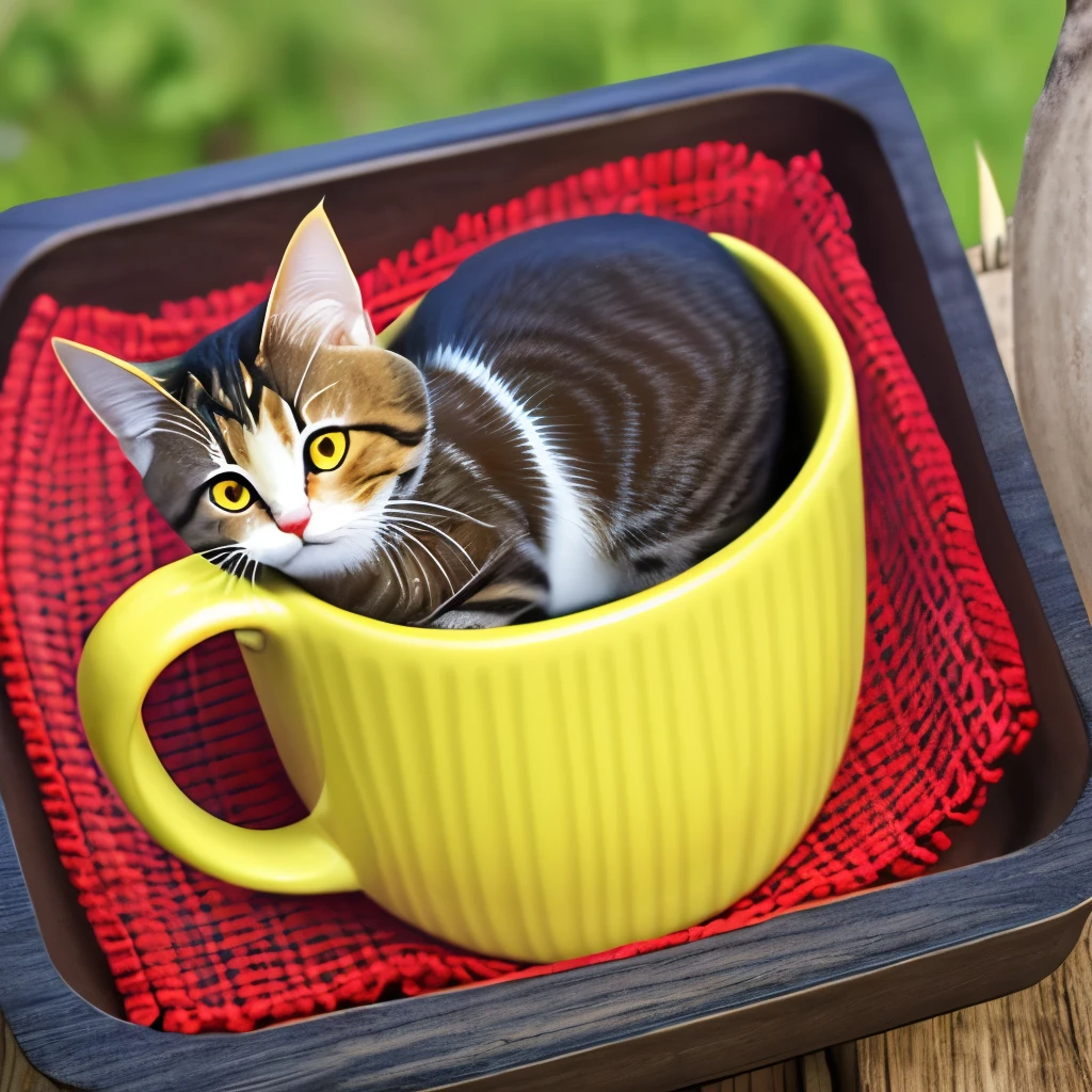 Kitten in mug, mug yellow, kitten Siamese cat, on wooden table, --auto --s2