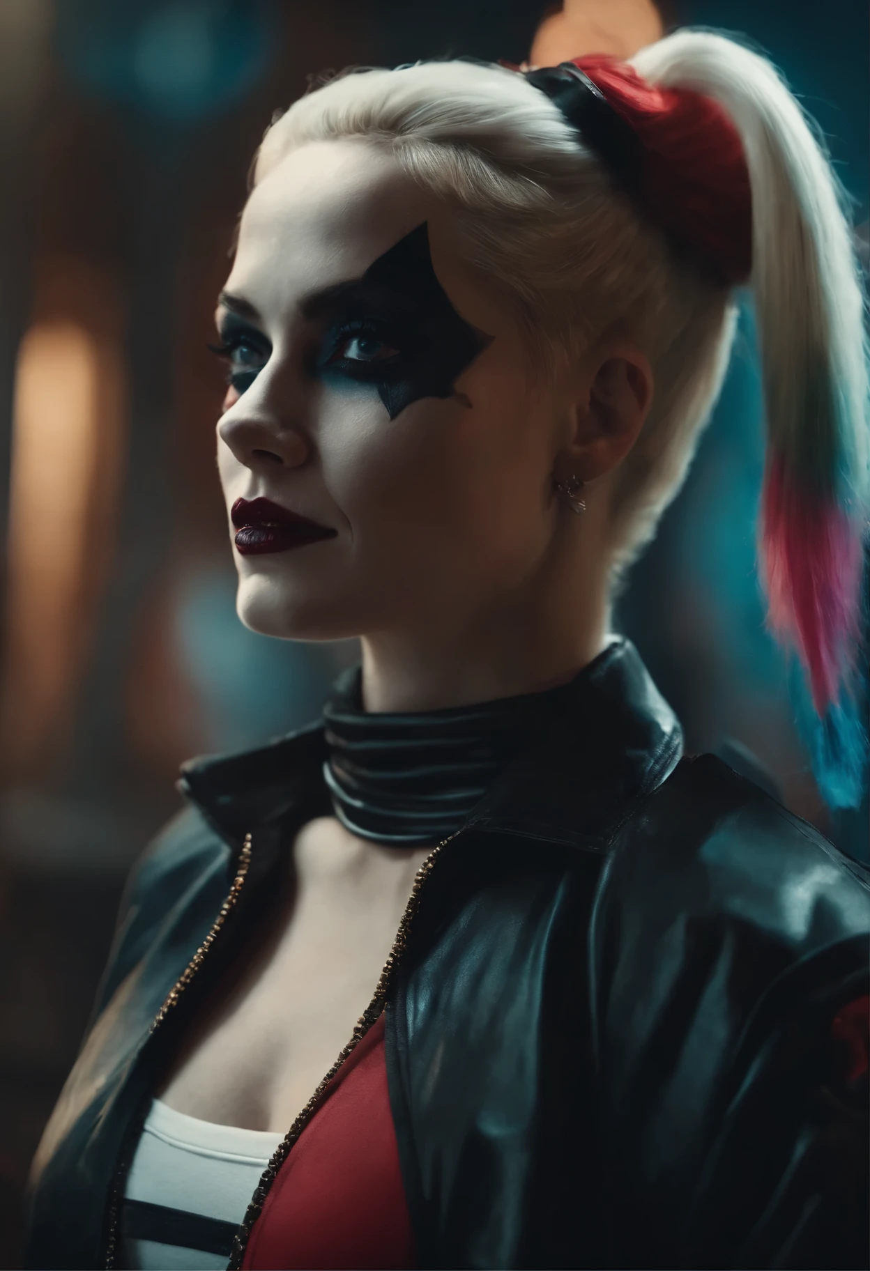 close-up of a woman with a skull on her head, of Harley Quinn, portrait of Harley Quinn, Colorful cinematography, Scary color graphics in 4 K, Artgerm Julie Bell Beeple, art of alessandro pautasso, Harley Quinn, by Galen Dara, Martin then, Martin then artwork portrait, Harley Quinn
