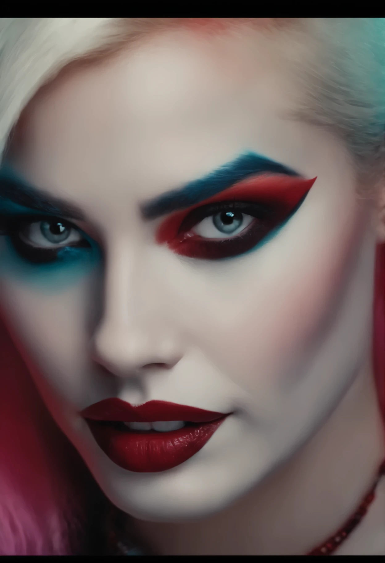 close-up of a woman with a skull on her head, of Harley Quinn, portrait of Harley Quinn, Colorful cinematography, Scary color graphics in 4 K, Artgerm Julie Bell Beeple, art of alessandro pautasso, Harley Quinn, by Galen Dara, Martin then, Martin then artwork portrait, Harley Quinn