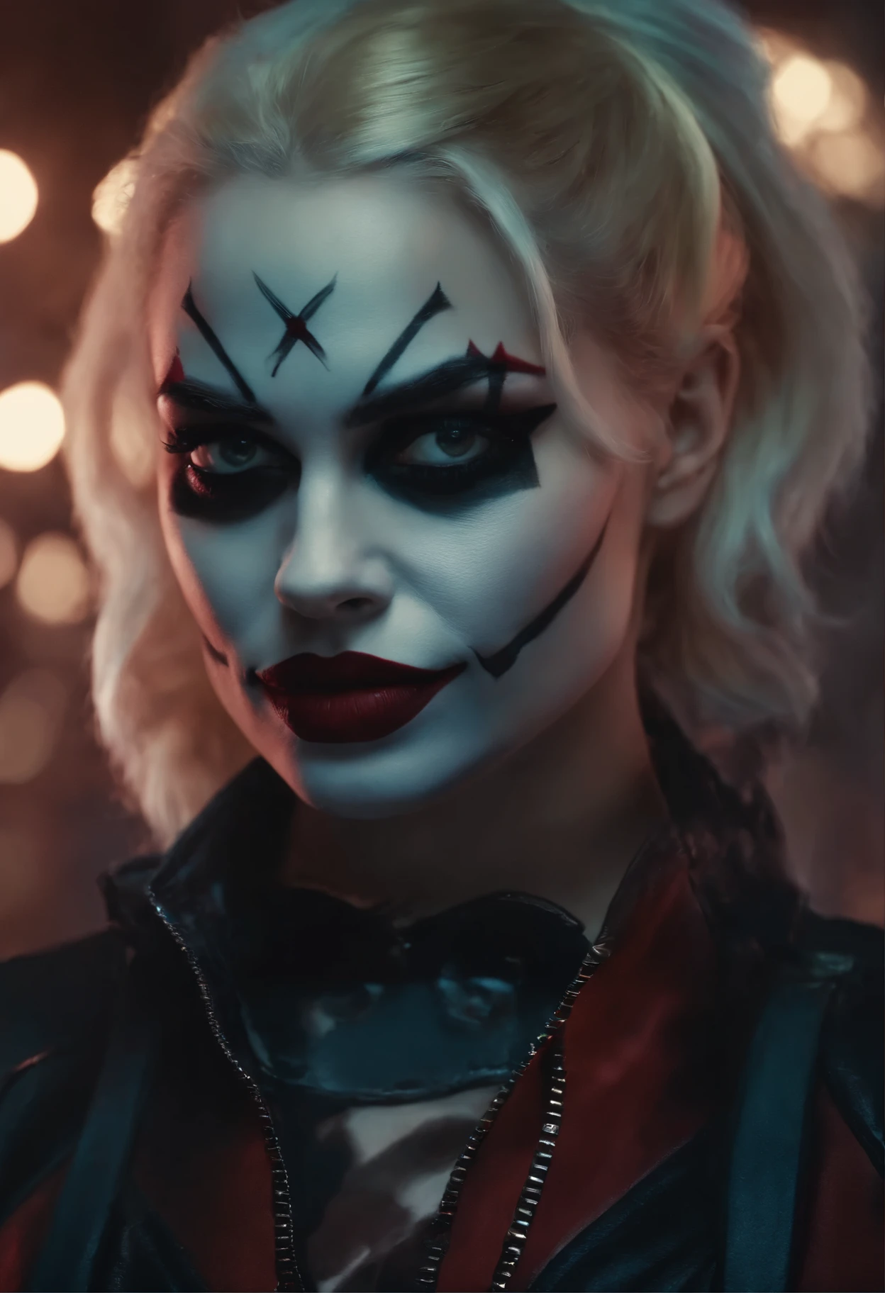 close-up of a woman with a skull on her head, of Harley Quinn, portrait of Harley Quinn, Colorful cinematography, Scary color graphics in 4 K, Artgerm Julie Bell Beeple, art of alessandro pautasso, Harley Quinn, by Galen Dara, Martin then, Martin then artwork portrait, Harley Quinn