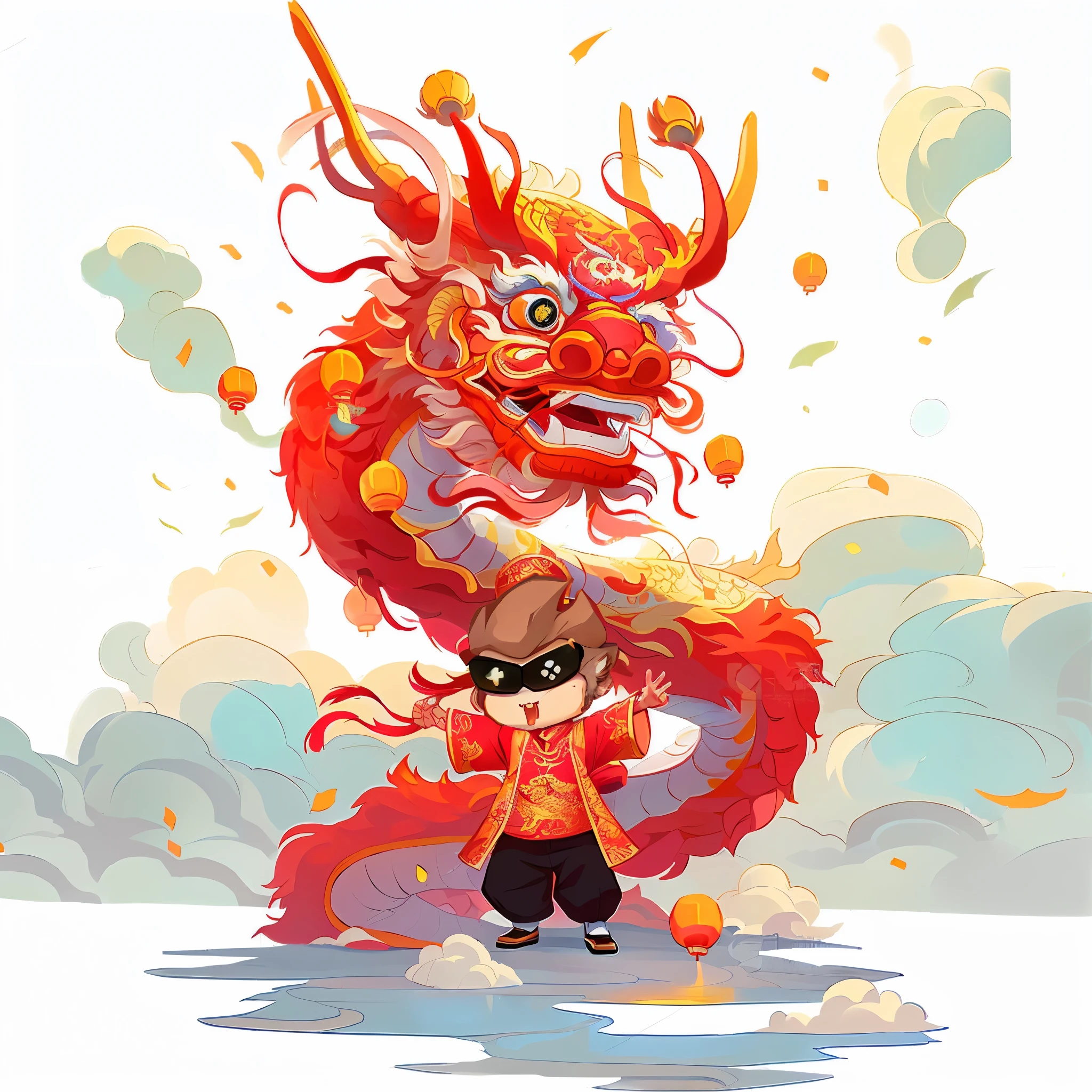 cartoon Chinese dragon with a man in a hat and sunglasses, Chinese dragon, Chinese dragon concept art, Similar to Deng Sachin style, smooth Chinese dragon, The big red dragon flew above them, A beautiful artistic illustration, Chinese dragons fighting, a dragon made of clouds, Dragon in the background, The dragon  breathing fire on it, Dragon flying in the background