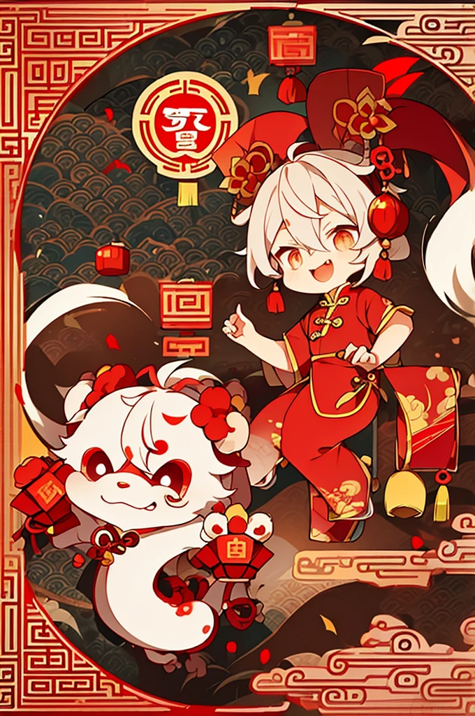 (cute chinese dragon，live2D，2D，cute chinese dragon，New Year concept，Chinese electronic cyberpunk style)There  candy in the middle