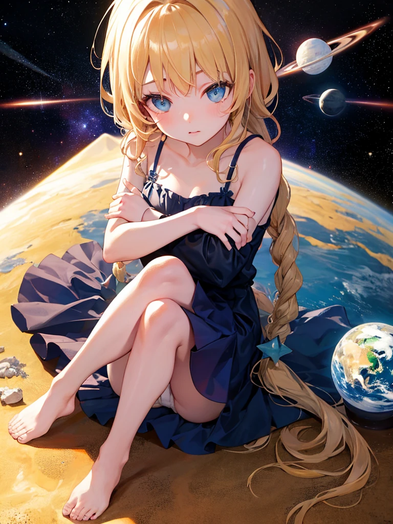 photo realistic, photo realistic, photo realistic, (masterpiece, best quality:1.4), (8k, raw photo, photo realistic:1.2), Not Safe for Work, detailed skin, detailed face, 1girl, Japanese idol, cute-face, Child, petite,
( sitting on the outer space grasping one's eyebrows), (((Hugging the earth))), blonde hair, Wavy Hair, blue eyes. semi-long, mini skirt, White Panties, (light blue apron dress), beautiful eyes, Sparkling, 14age, braided bangs, kanzashi, full body,
Beautiful scenery, ((outer space)), void of space, in the galaxy,
planets of the solar system, high resolution, night view, pretty fingers, beautiful feet, small breasts, colorful stars, many ball of light, Fantastic, beautiful stars, full body shot, countless lights, many Orbs,