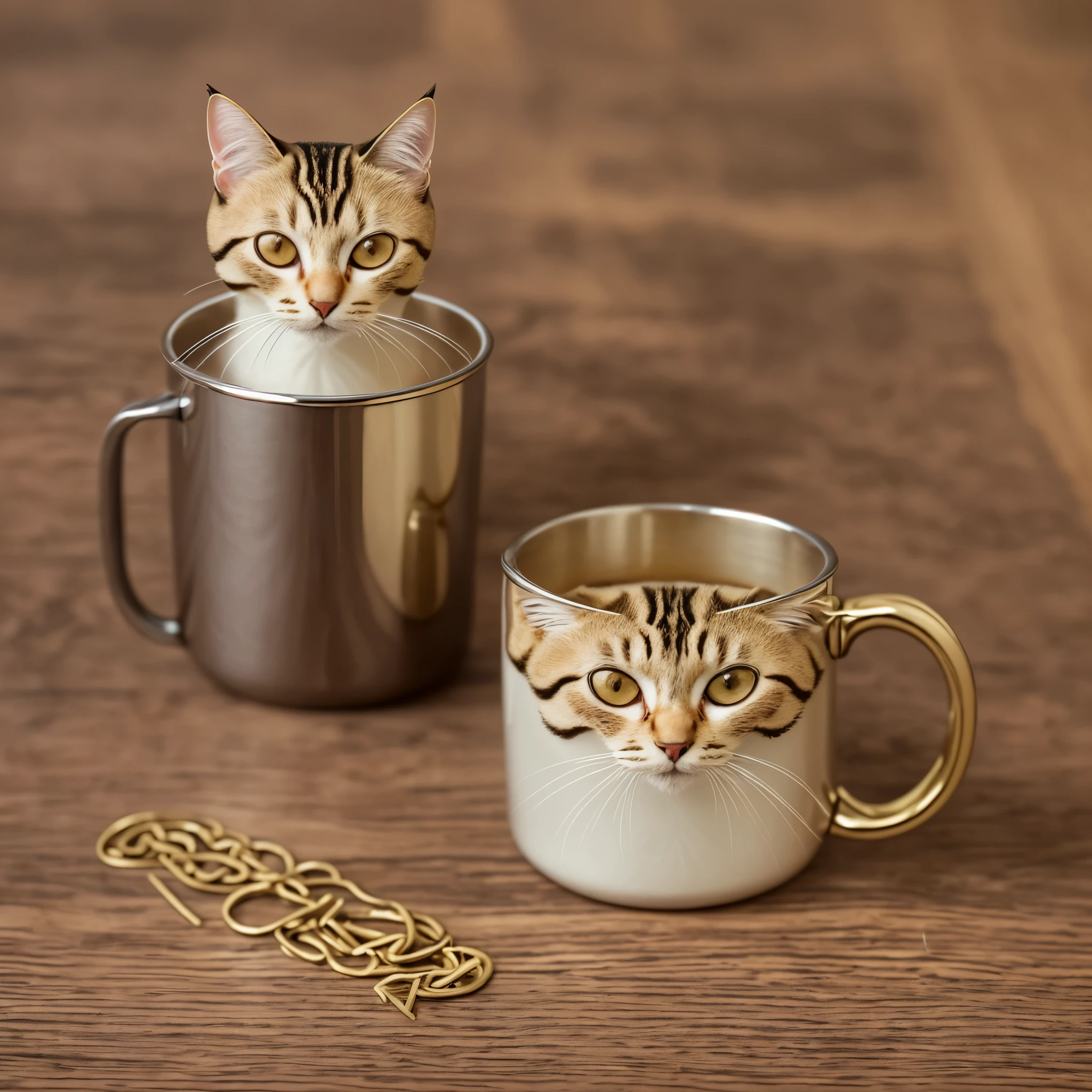 Cute stuffed Siamese cat in a mug, Mug  yellow, mug  on wooden table, photo realistic stick style,  --auto --s2
