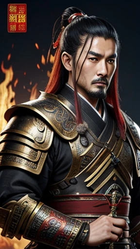 oriental、Man wearing ancient Chinese leather armor、ancient chinese hairstyle man、three kingdom、multiple warlords、highest quality、masterpiece、ultra high resolution、(Photoreal:1.4)、game poster、fire、