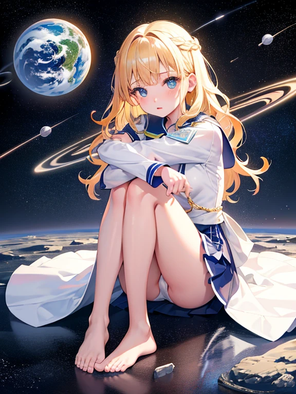 photo realistic, photo realistic, photo realistic, (masterpiece, best quality:1.4), (8k, raw photo, photo realistic:1.2), , detailed skin, detailed face, 1girl, Japanese idol, cute-face, Child, petite, 
( sitting on the outer space grasping one's eyebrows), (((Hugging the earth))),  blonde hair, Wavy Hair, blue eyes. semi-long, mini skirt, White Panties, (light blue apron dress), beautiful eyes, Sparkling, 14age, braided bangs, kanzashi, full body,
Beautiful scenery, ((outer space)), void of space, in the galaxy,
planets of the solar system, high resolution, night view,  pretty fingers, beautiful feet, small , colorful stars, many ball of light, Fantastic, beautiful stars, full body shot, countless lights, many Orbs,
