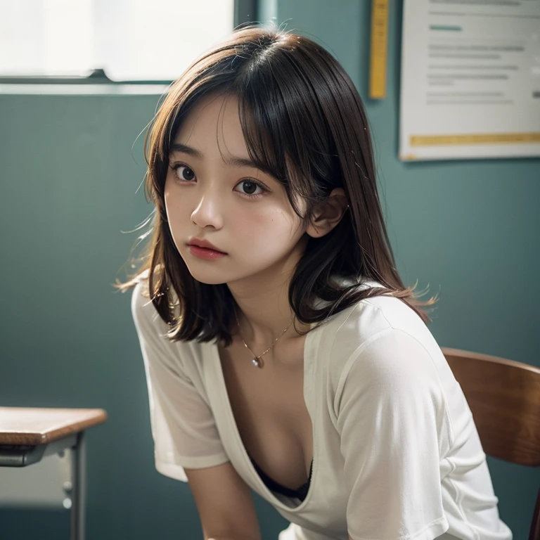 1 girl, downblouse, , munechira, small breasts,  small tits, sitting in a chair, looking away,  Expressionless,  shirt ,plus decolated detailed bra within  , view from side, Upper body, classroom, necklace ,leaning forward 