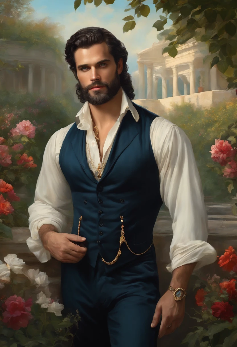 Painting of a ((exuberant gypsy man)), well-groomed beard, vest, shirt, pants and Victorian era jewelry, gold earrings)), wavy black hair hanging over the shoulders, ((blue eyes)), delicate and sexy mouth , masculine and strong full body, ((Henry Cavill style)), in a garden with flowers and Greek columns