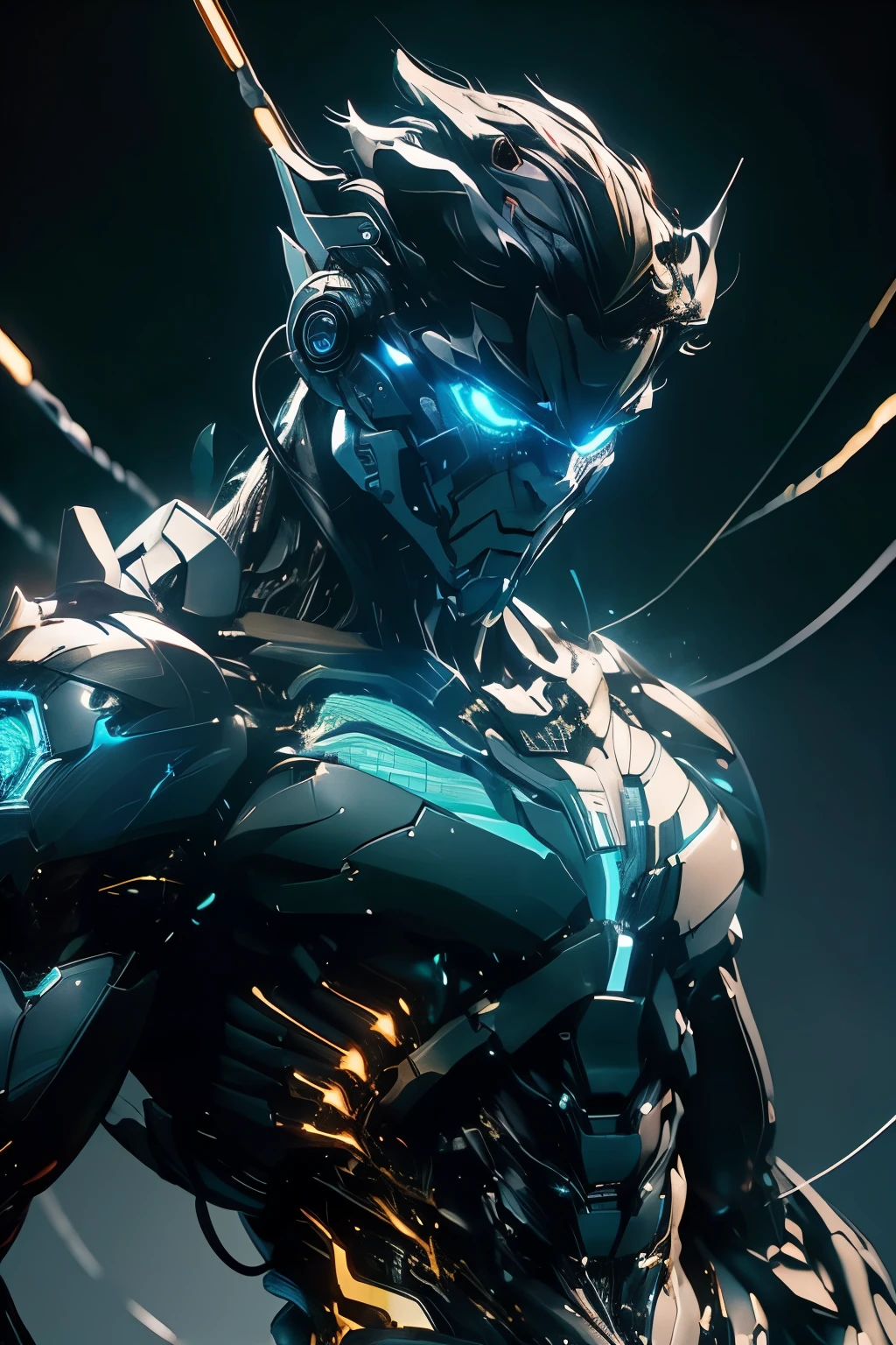 Intelligent Bionic Robot、male、Cyborg Robot Parts、cable electric wireicrochipright studio、hyperphotorealism、high-detail、intricate detailes、finelighting, neon blue Lights、rendering by octane、portrait, full body, Unreal Engine 5 Renderechanical Public Enemy Style、8K、top-quality、​masterpiece、Low ISO、White Balance、high key lighting、Creates a soft and graceful feel with a shallow depth of field,超A high resolution,muscular, cyberpunked,black hair, mechanisms body, blue orb in body