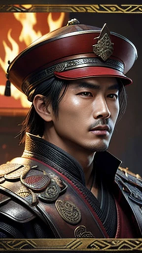 oriental、Man wearing ancient Chinese leather armor、ancient chinese hairstyle man、three kingdom、multiple warlords、highest quality、masterpiece、ultra high resolution、(Photoreal:1.4)、game poster、fire、leather hat