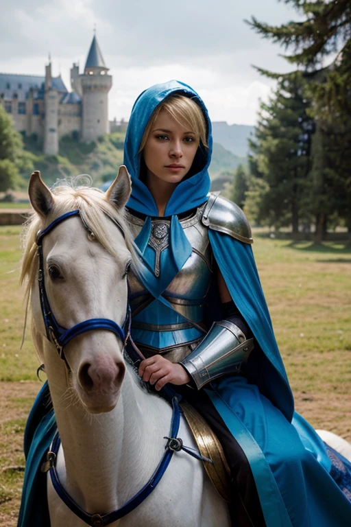 woman,blonde short hair,blue eyes,black armor,small mouth,abs,glamorous,ride on white horse,lance in right hand