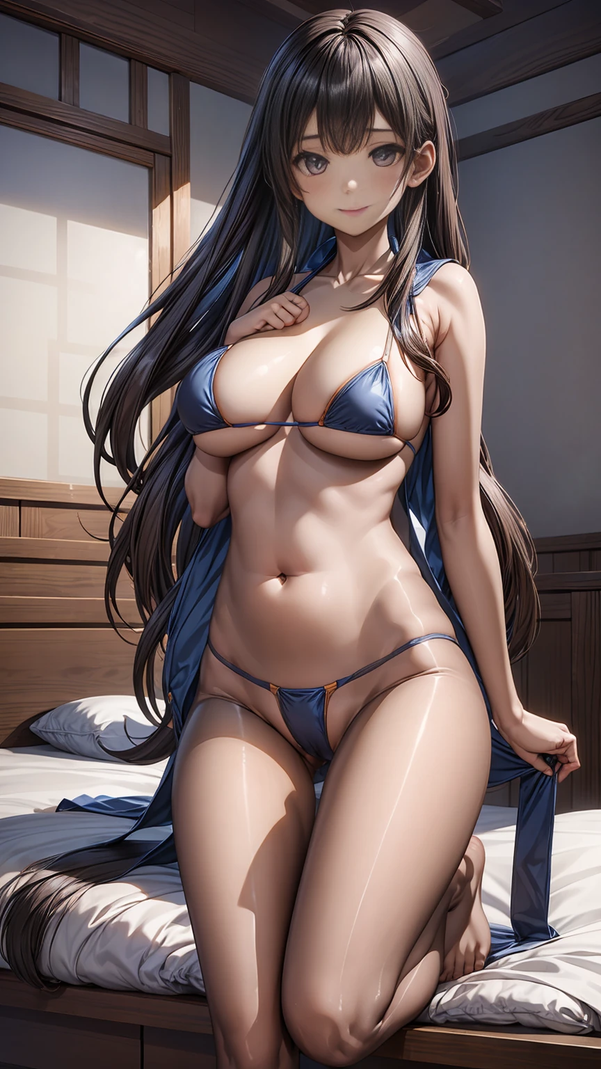 1 girl, the best, masterpiece, HD, (whole body), Symmetrical, alone, (whole body from head to toe), ((moro liberation front)), Slingshot bikini, unrealistic, (( camel toe)), ((((translucent bikini)))), ((((translucent)))), ((((transparent)))), (((transparent clothing))), whole body视图, Gaze towards the camera, ((Isometric pillow diagram)), ((dakimakura)), (Lying in bed),Physically based rendering, beautiful women, Perfect body, Smile, bedroom, Giant breast, barefoot, toe