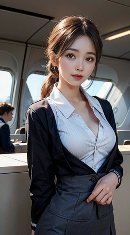 highest quality, masterpiece, 8K, ultra high resolution, (realistic: 1.4), 1 girl, beautiful face, symmetrical eyes, big, perfect body proportions, stewardess uniform, Viewer's line of sight, (On the plane: 1.2), Front view, Shoulder jumping, Absolute area (1.3),Shirt unbuttoned to reveal cleavage、Do not wear ribbons or ties、big胸