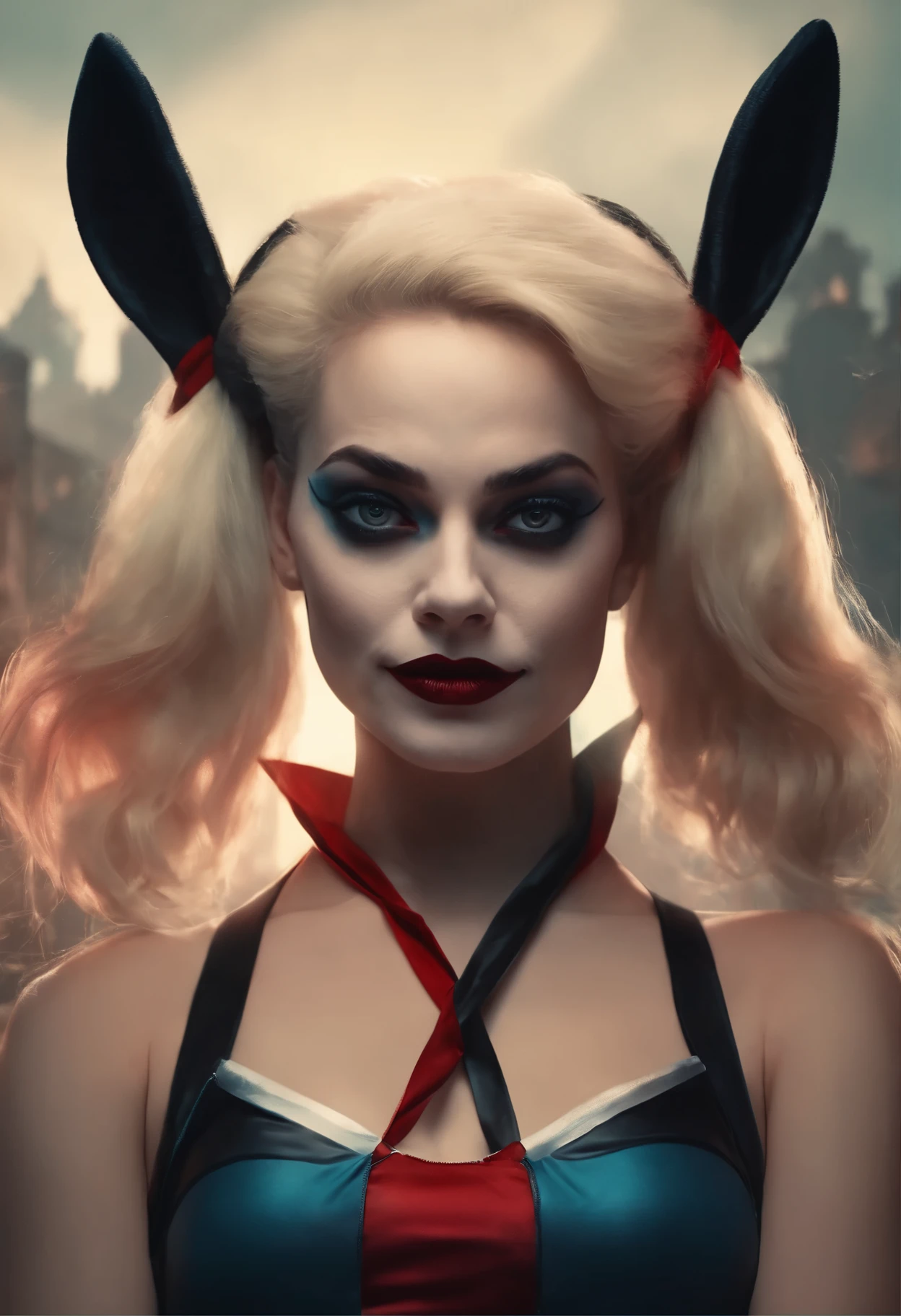 close-up of a woman with a rabbit on her head, of Harley Quinn, portrait of Harley Quinn, Colorful cinematography, Scary color graphics in 4 K, Artgerm Julie Bell Beeple, art of alessandro pautasso, Harley Quinn, by Galen Dara, Martin then, Martin then artwork portrait, Harley Quinn
