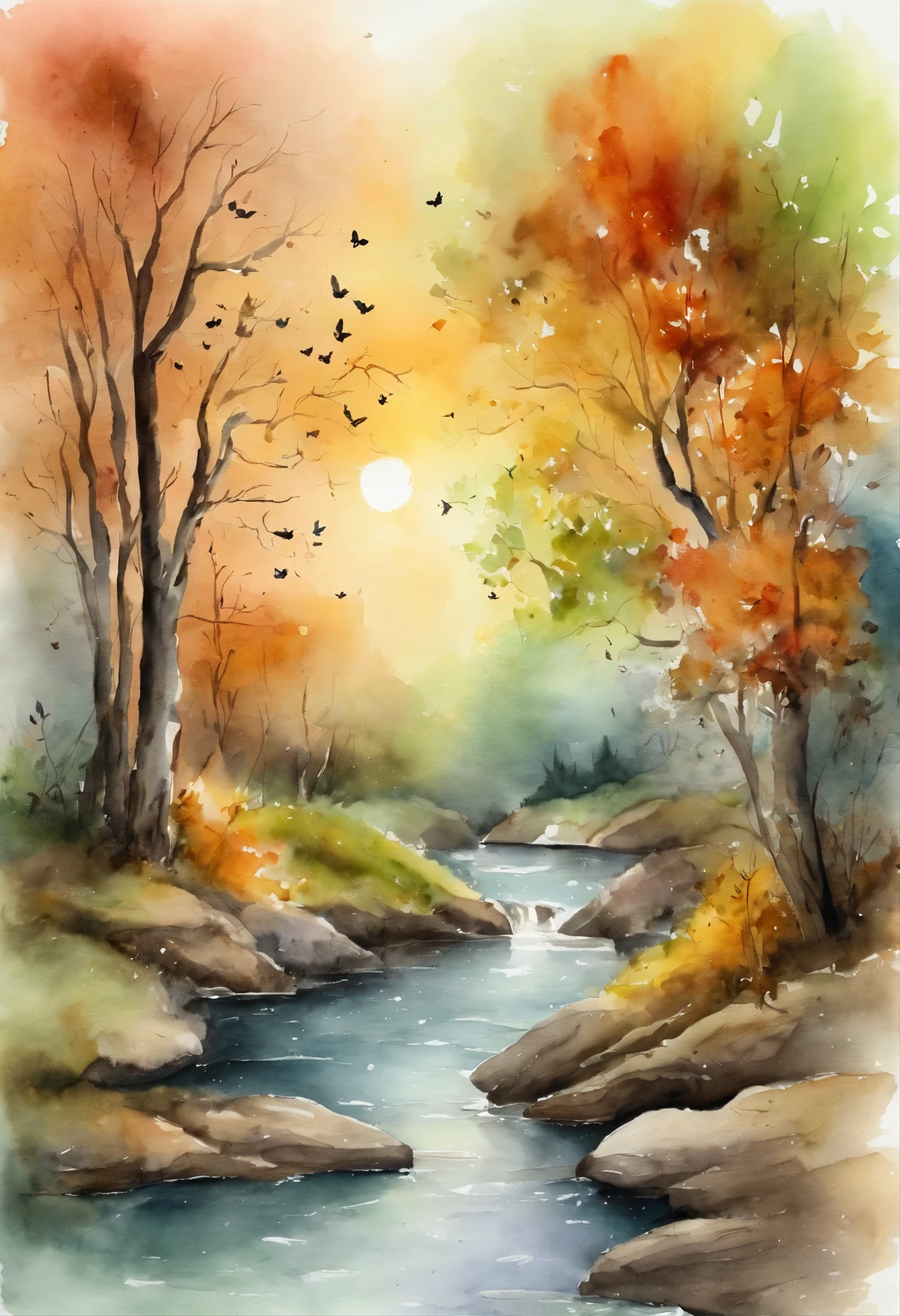 picture of a colorful landscape with trees with fireflies, huge moon and stream, light watercolor painting, watercolor painting, light watercolor, bright watercolor painting, watercolors, colorful watercolor painting, watercolorный пейзаж, watercolor, Rich watercolor, inspired by John Anster Fitzgerald, Watercolor painting, In the evening autumn forest, Rich watercolor, water color, colorful watercolor, fantasy watercolor, Watercolor painting