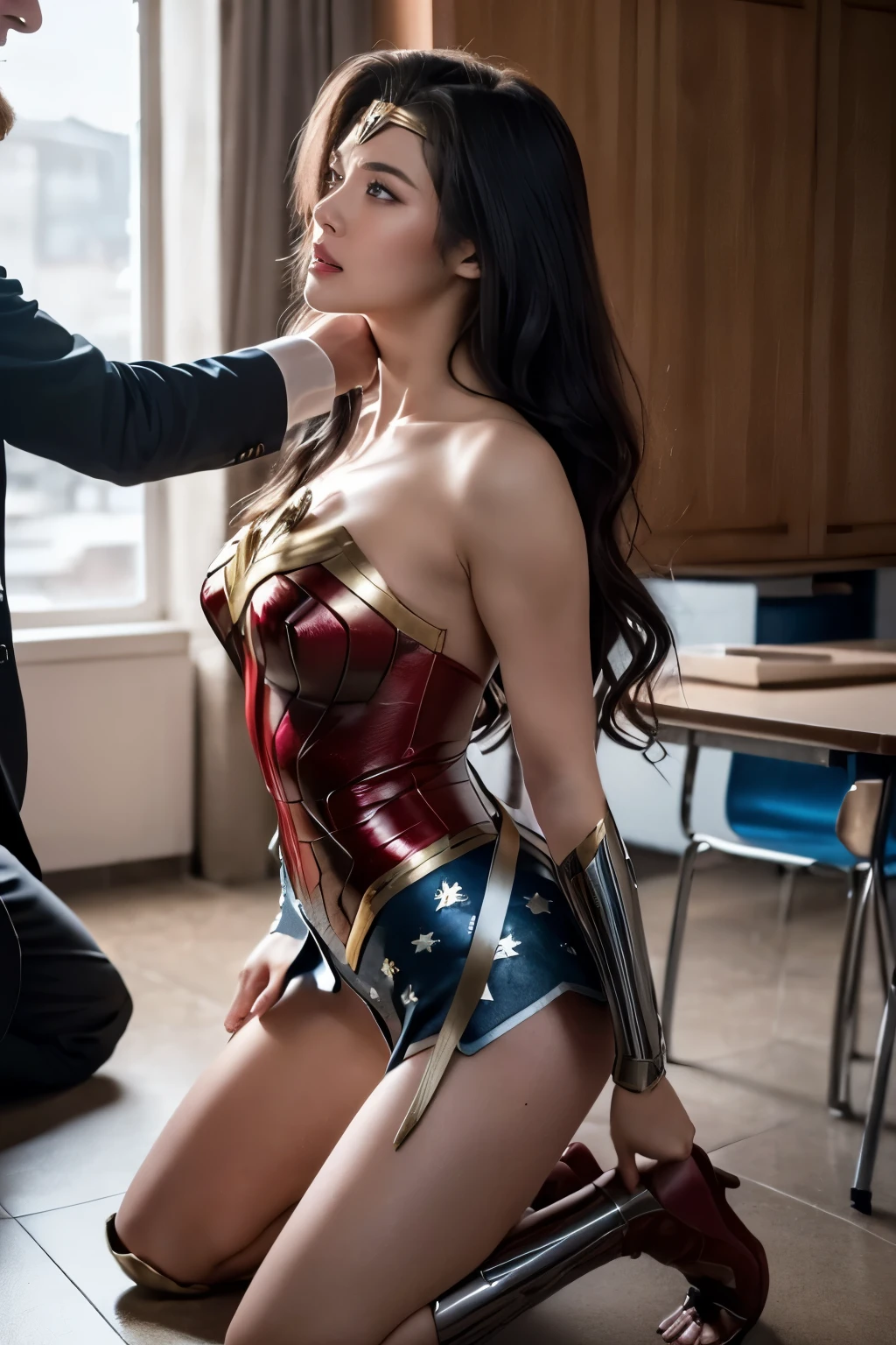 NSFW, Wonder Woman with a distressed expression、Wonder Woman crawls on all fours in front of a man ,(Wonder Woman Costume:1.2), masterpiece, highest quality, realistic:1.4), (shiny skin), (UHD, 8k wallpaper, High resolution), perfect anatomy, cinematic lighting, Physically based rendering, award-winning, highly detailed skin, highly detailed face, Beautiful eyes in every detail, (((1 girl and 1 person, couple, have ))), (Man standing in front of kneeling woman, grab her head), big , girl excited to meet a guy, (girl kneeling in front of a man:1.3), (woman tilting her head), Girl staring at a man,(Brown long hair, Bangesium breasts with cleavage, (The height of the thighs can be seen through), (obedient), (1 girl: Nose, cheeks, eyelashes) , in the classroom at midnight, (1 person: Handsome and dressed in a recruit suit, hug her head, stand in front of her, hug her head), Photographed from diagonally in front,lick wonder woman