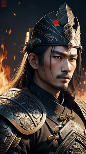 oriental、Man wearing ancient Chinese leather armor、ancient chinese hairstyle man、three kingdom、multiple warlords、highest quality、masterpiece、ultra high resolution、(Photoreal:1.4)、game poster、fire、wore a leather helmet