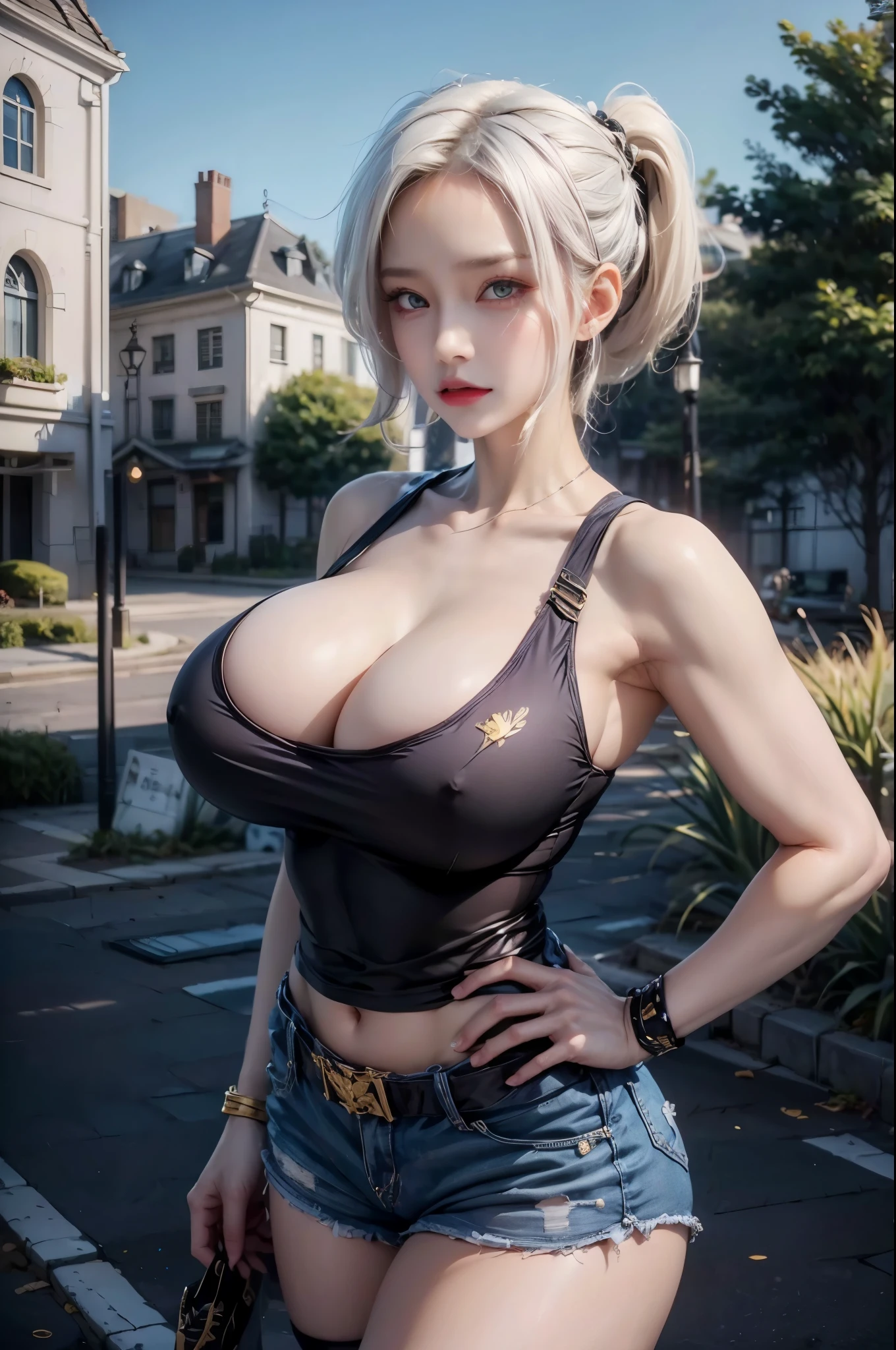 realistic, 1 women, best quality, 12k, HD, long hair, big round breasts, cleavage, ponytail, necklace, jewelry, shorts, short jacket, slim hips, hair tie, yellow eyes, black hair, super detailed, Eye details, hair details, person details, mouth details, face details, breast details, clothes details, hair details, pants details, hand details, whole body