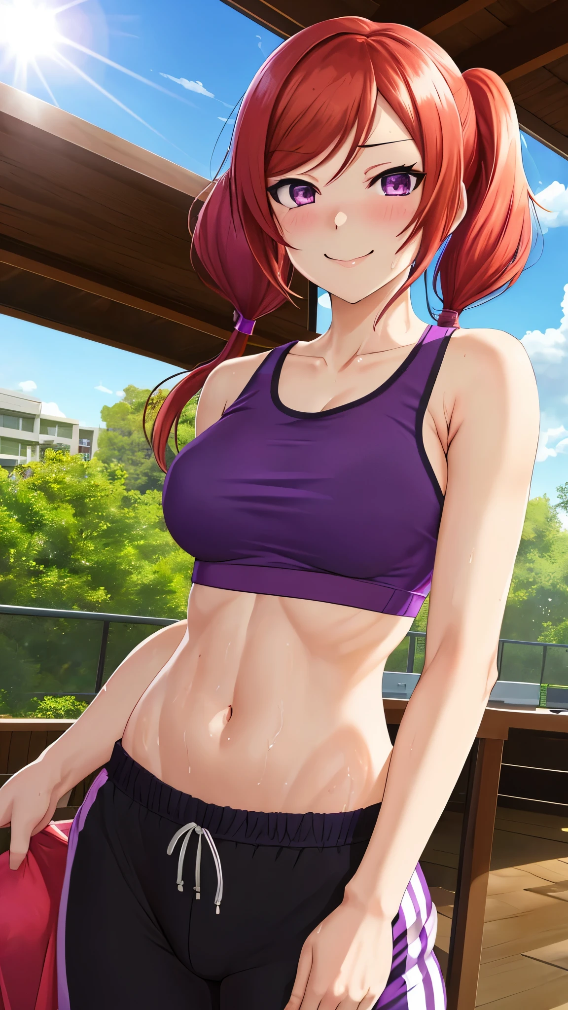 masterpiece, best quality,(NSFW:0.9),pov,Nishikino maki, standing,purple eyes, smile, low twintails, tank top, gym pants, sweating,Plants,sun, light ray, Closed mouth, after workout 