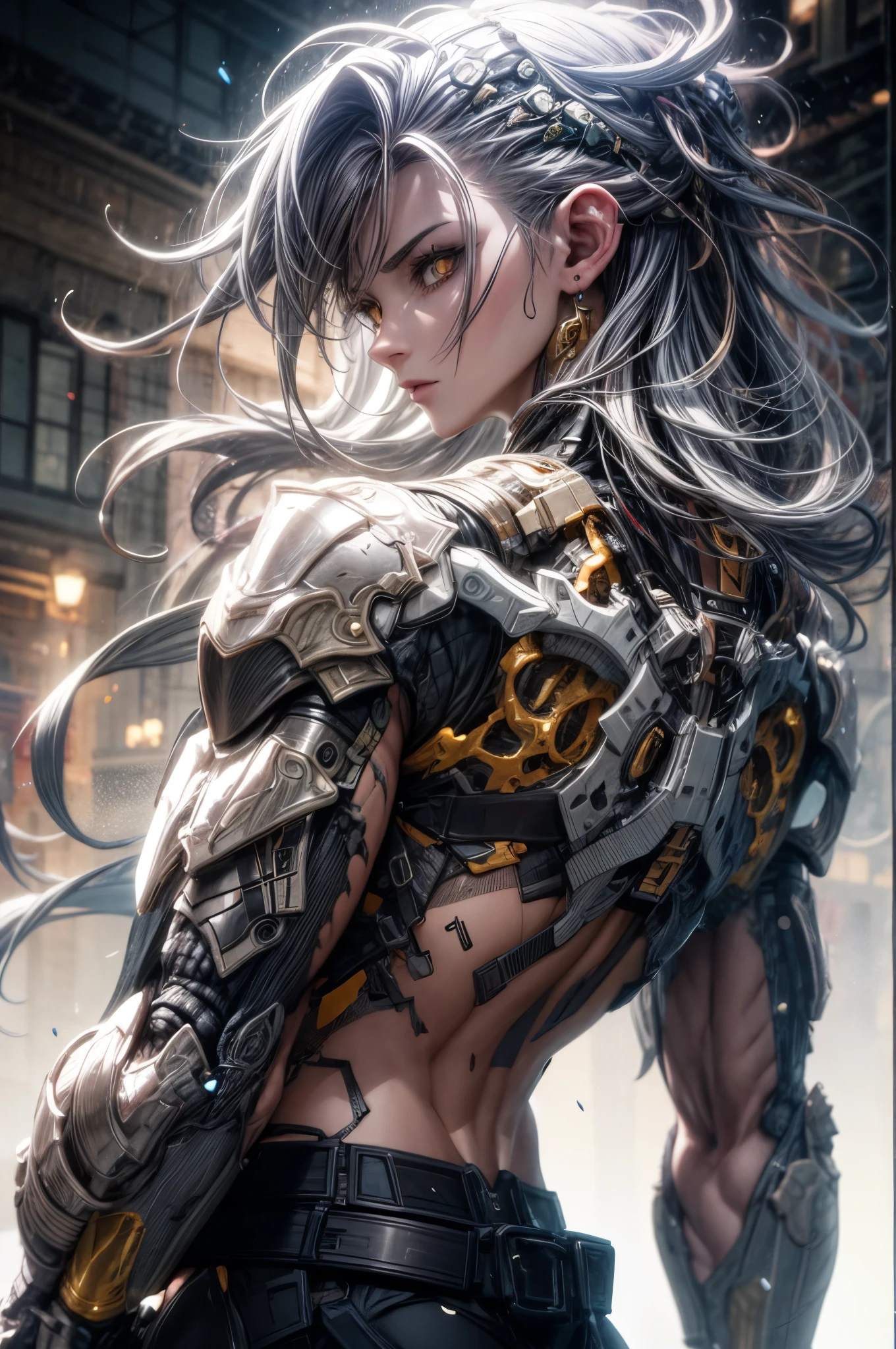 (((An epic and visually stunning digital anime masterpiece:1.4, art piece featuring a sylphlike ((feminine male with a sharp angular masculine face:1.5, mid 30’s:1.5)), whose an elegant military cyborg soldier clad in a sleek yet tactical armored yet decorated military trench coat:1.3))), (((flat masculine male chest:1.5, mechanical robot head with a hood, iridescent orange eyes:1.5))), (((the character clothed in a (scifi tactical armored double breasted trench coat with a built in exoskeleton, hood pulled up), (((over a form fitted armor plated yet super sleek and sensually revealing under suit:1.6, thighs and waist exposed:1.5))), the armor plating on the upper arms and shoulders beautifully engraved))):1.4, The image showcases the intricacies of the character’s armor and clothing:1.5, ((capturing their flamboyant feminine essence and heavy mechanical art deco aesthetic:1.2)), The character also possesses an androgynous charm, (((with slim yet heavily muscled gorgeous feminine physique:1.2, sylphlike with a sleek waist:1.2, slim mechanical muscular armored torso:1.3, toned yet beautifully sleek cybernetic arms:1.3, beautifully engraved mechanical arms and legs:1.3, silver mechanical muscles:1.3))), looking at viewer, (((brass metal armor and brown leather, dieselpunk:1.3))), (((depth of field, cinematic lighting, chromatic aberration, ray tracing, UHD, masterpiece, top of head covered, super detail, high details, high quality, award winning, 8k, highres, artificial muscle:1.4)))