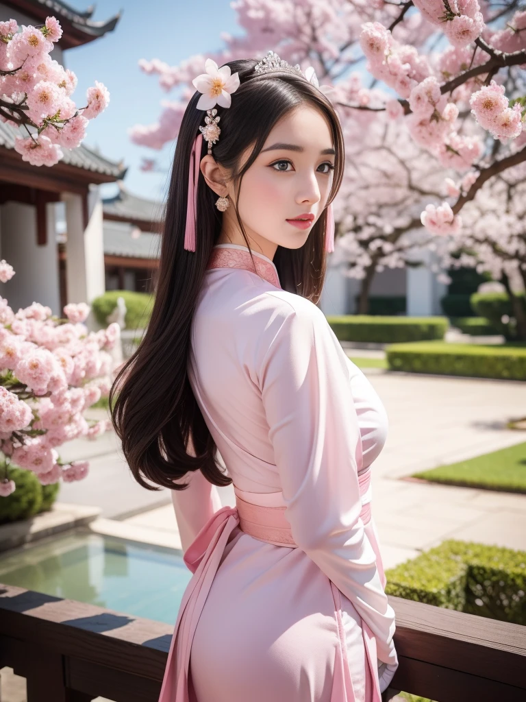 Araffe woman in a pink dress and white gloves poses for a photo., Portrait inspired by Lan Ying, Instagram, Art Deco, Go to DAI, Niwan Chandra, palace , girl in hanfu, Dilraba Dilmurat, In Lammanh style, Sukhothai set, Chinese princess, 8ก)), Sazi,perfect eyes, BIG BUTTOCKS,seductive eyes, looking at the viewer, from front,Pink Cherry Blossom Background