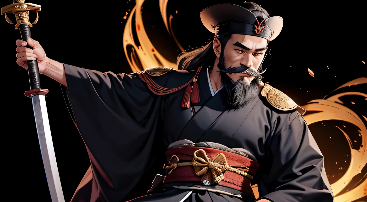 warrior, public servant, has a slight mustache, long beard, wearing a long hat, I'm wearing a black kimono, I have a scepter in my hand, black background, sat cross-legged, White aura, smile, The background is the castle of Japan