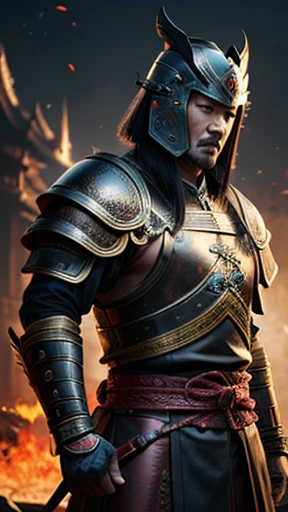 oriental、Man wearing ancient Chinese leather armor、ancient chinese hairstyle man、three kingdom、multiple warlords、highest quality、masterpiece、ultra high resolution、(Photoreal:1.4)、game poster、fire、wore a leather helmet